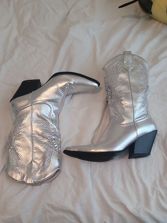 Shoes - Silver Western-Style Mid-Calf Boot with Embellished Stitching